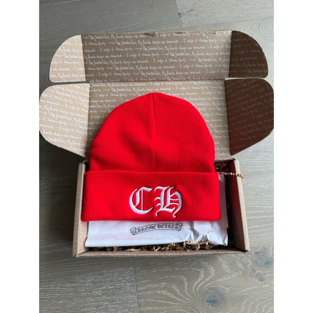 Chrome Hearts Red Watch Cap Beanie Hat White Embroidered CH Logo One Size ✅❤️
